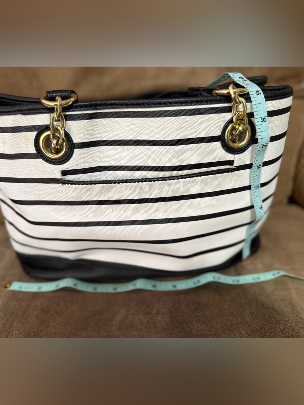 Liz Claiborne Black White Striped Tote Bag Gold Chain Shoulder Purse Large Chic - Picture 4 of 12